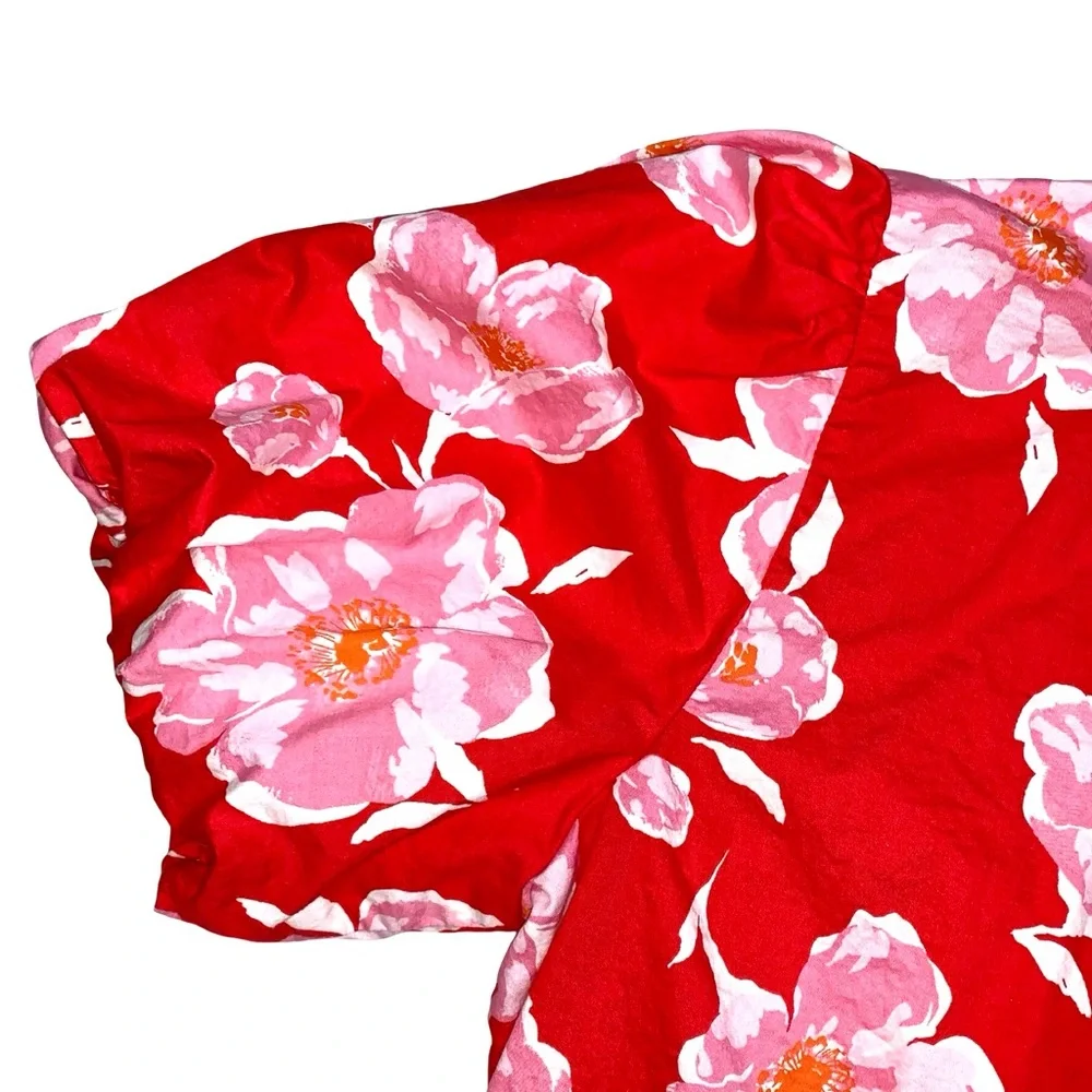 Old Navy Floral Wrap Blouse Puff Sleeves Large Red Cotton Lightweight V Neck